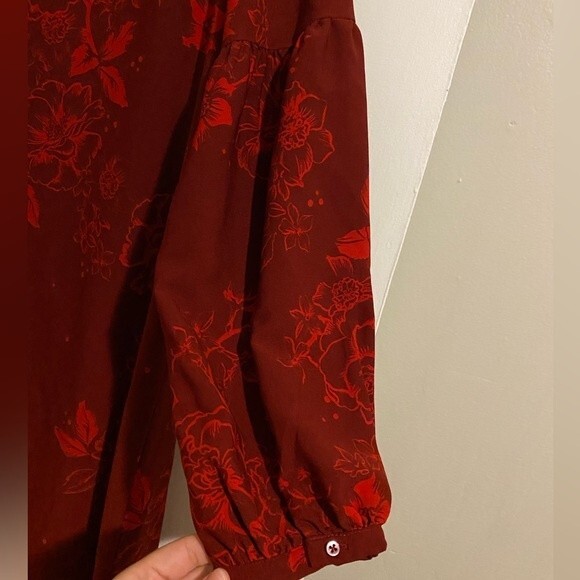 Merona Red Floral dotted pattern puffy sleeve mid length Dress - Picture 3 of 9